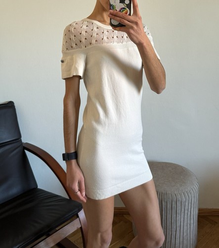 Bellissimo Abito Maglione Autentico Chanel Avorio Bianco Logo CC Cashmere Taglia 36