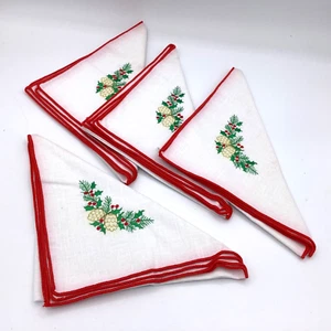 Christmas Napkins Embroidered Cloth 50% Cotton 50% Polyester Red Trim Pine Cones - Picture 1 of 8