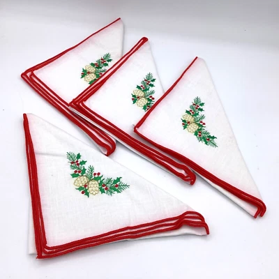 Christmas Napkins Embroidered Cloth 50% Cotton 50% Polyester Red Trim Pine Cones - Image 1 of 4