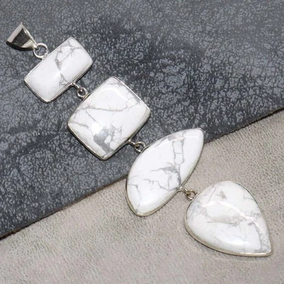 Large Howlite 925 Silver Plated Handmade Pendant 4.3" Superb Jewelry AU v527 - image 1 of 3