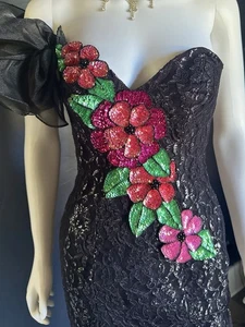 Stunning Vintage Couture Sequin Flowers Sweetheart Neck One Shoulder Rare Dress - Picture 1 of 8