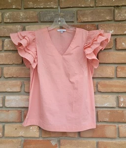 Moelleux Flutter Ruffle Lace Sleeve V- Neck Peach Feminine Blouse Sz LARGE - Picture 1 of 12
