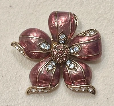 Vintage MONET Purple Enamel Rhinestone Gold Tone  Flower  Brooch Pin - Image 1 of 4