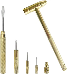Mini Hammer Brass Hammer with Screwdriver Hand Tools Multifunction 6 in 1 - Picture 1 of 6