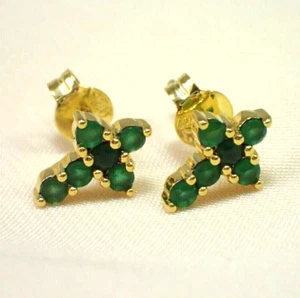 Round Simulated Green Emerald Cross Stud Earrings 14k Yellow Gold Plated Earring - Picture 1 of 4
