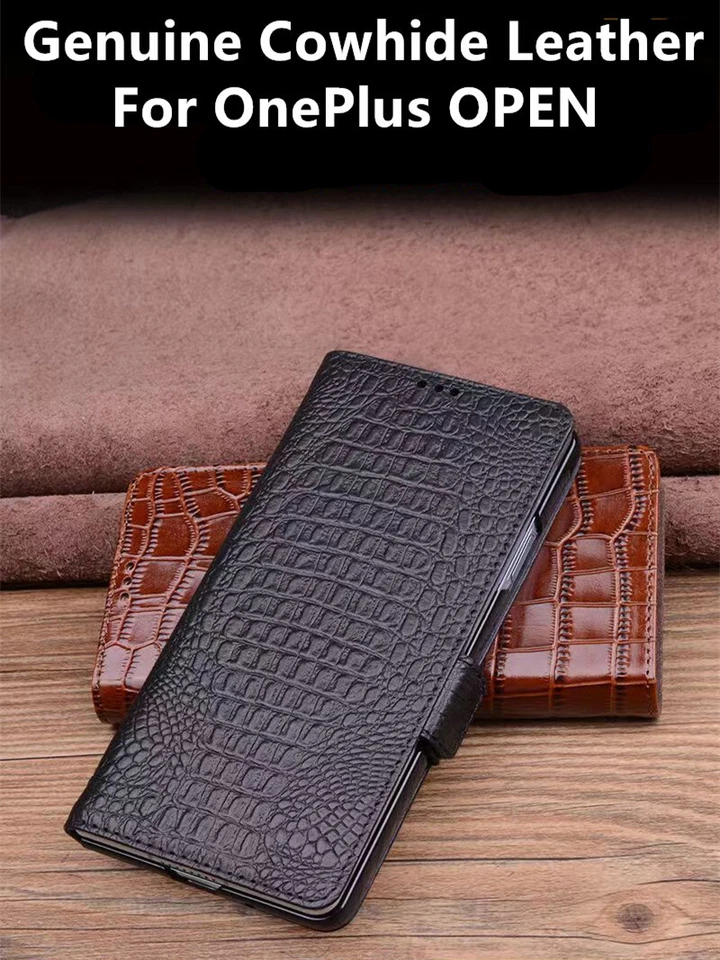 Genuine Leather Flip Case For OnePlus OPEN Crocodile Grids Grain Holder Cover - Image 1 of 4