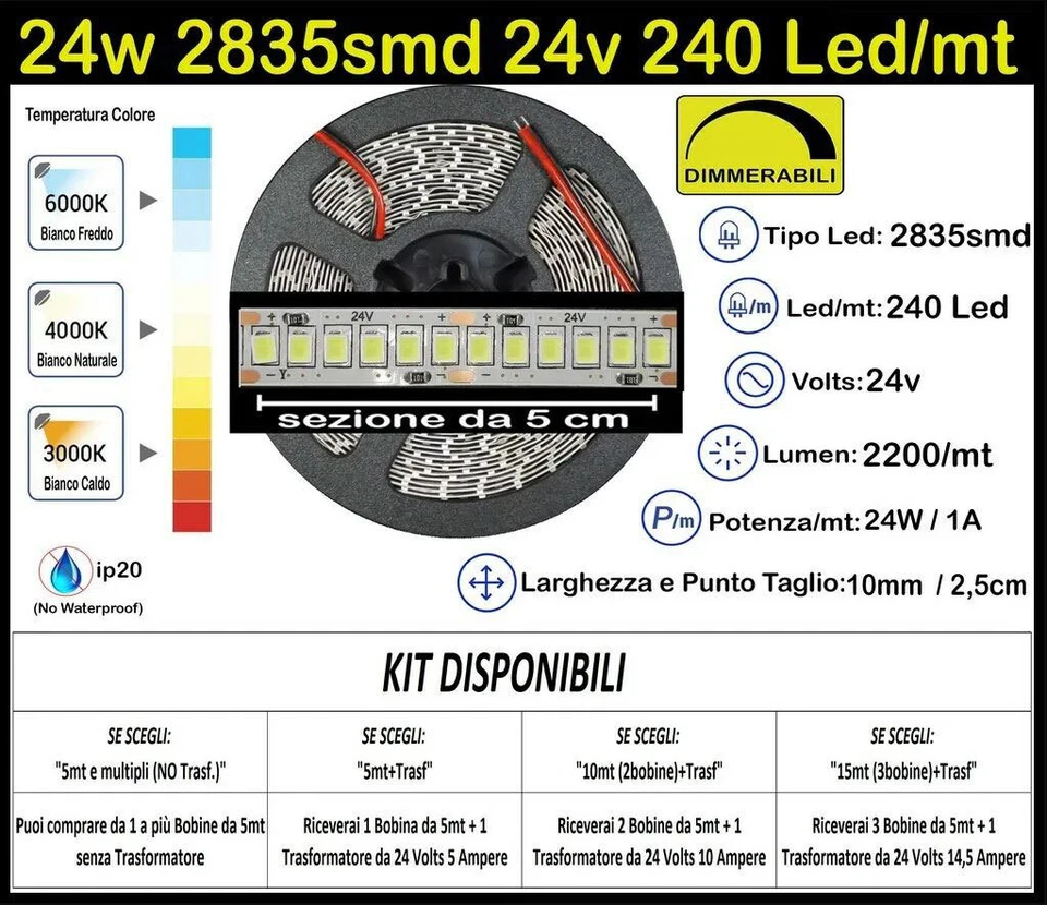 Striscia Led 24 Watt 24 Volt Bianche 2835 240 Led/mt Kit 5/10/15m Strip 24w 24v - Immagine 1 di 1