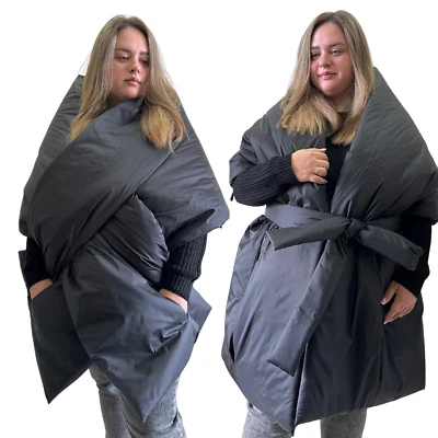 Black Wrap Cape Long Wide Scarf Belted Puffer Plus Size - Image 1 of 4