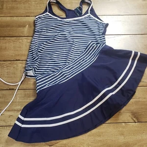 SUMMER MAE Bathing Suit Womens XL Blue Stripped Swimdress Tummy Control 2 Piece - Picture 1 of 16