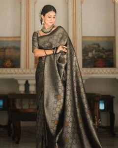 BLACK BEAUTIFUL RICH PALLU & JACQUARD WORK SAREE WITH JACQUARD BORDER BLOUSE - Picture 1 of 6