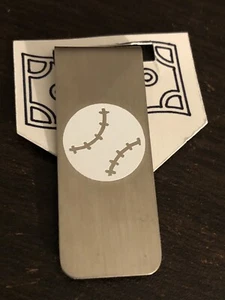 BASEBALL ~IN WHITE ON STAINLESS STEEL MONEY CLIP 2” X .75” - Picture 1 of 3