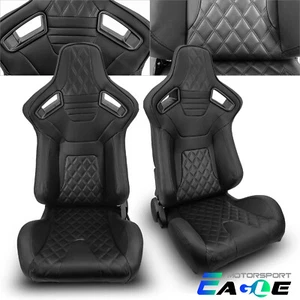 JDM Universal Black PVC Leater Black Line Racing Seats Left&Right w/Slider Pair - Picture 1 of 8