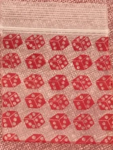 100 SMALL BAGGIES 1515 1.5" X 1.5" MINI Resealable POLY DESIGNER BAGS RED DICE - Picture 1 of 12