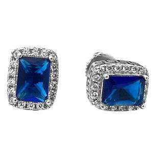 Real Solid 925 Sterling Silver Hip Hop Earrings CZ Faux Blue Sapphire Micro Pave