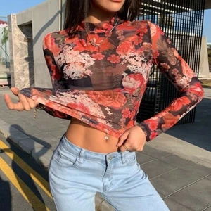 Red Mesh Top Floral Rose Poppy Black elegant long sleeve waist sheer soft - Picture 1 of 7