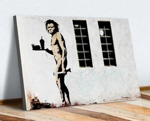 BANKSY FAST FOOD HOMME DES CAVERNES TOILE ART MURAL IMPRESSION D'ART GRAFFITI CADRE PROFOND - Photo 1/9