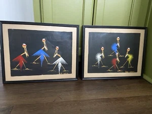 Pair Of Mid Century Signed African Painting. Dancing Figures - Picture 1 of 9
