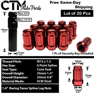 20x Red 1.4" Tall 12x1.5 Spline Tuner Wheel Lug Nut+Key Toyota Scion Lexus Model - Picture 1 of 6