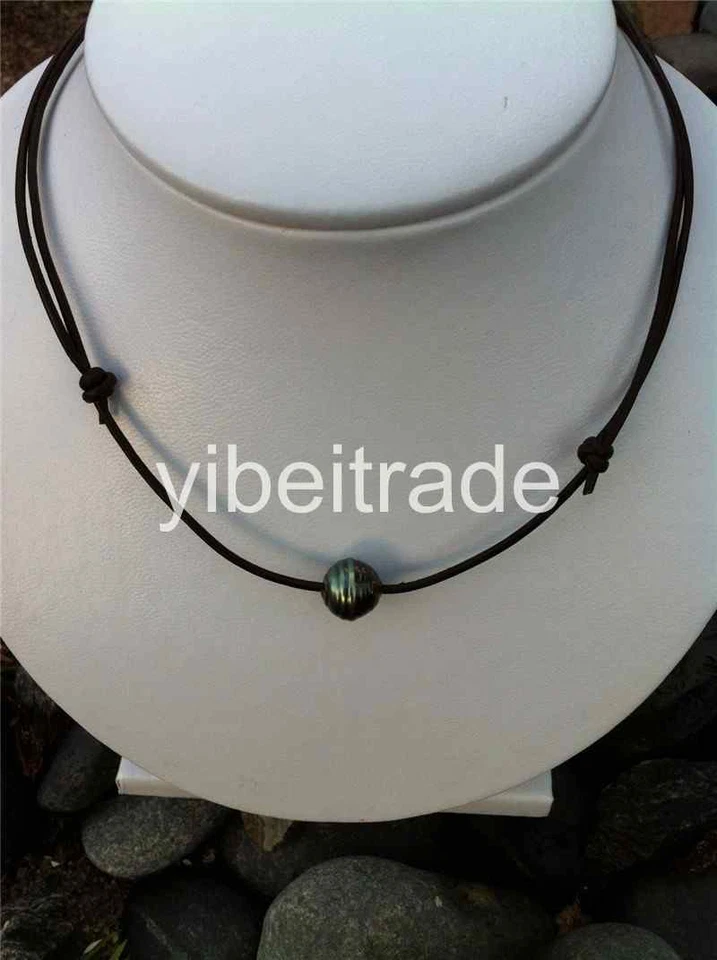 真品大溪地黑洋珍珠天然皮革项链/项圈冲浪珠宝首饰 — 第 1/1 张图片