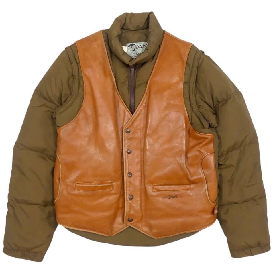 Schott 90s Leather Down Jacket Men's 40 Brown 2Way Vest Vintage Made in USA - Image 1 of 4