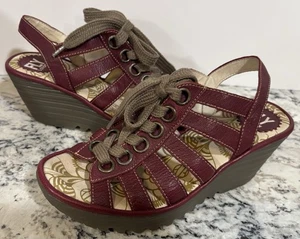 Fly London rote Leder Schnürschuhe offene Zehenpartie Slingback Keilabsatz Sandalen Gr. 37 / 7 - Bild 1 von 16