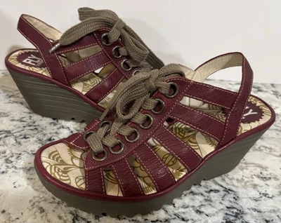 Sandalias de cuña Fly London de cuero rojas con cordones punta abierta talla 37/7 Foto 1 de 4