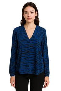 A.L.C.  Camisa de seda para mujer cuello en V azul negro estampado de cebra blusa carrera talla 8 - Imagen 1 de 8