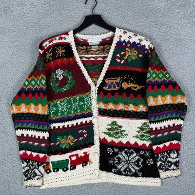 Cárdigan suéter vintage de Navidad años 90 tejido a mano para mujer estampado de rayas pequeñas Foto 1 de 4