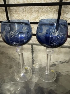 Housewares Glass Vintage Bohemian Czech Cut to Clear Blue 8.5”Wine Glasses set 2 - Picture 1 of 5