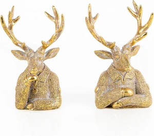 Coppia Di Cervi Decorativi Dorati, Set 2 Pezzi: Decorazioni Natale Casa, Figure  - Foto 1 di 12