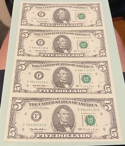 1995 $5 FIVE DOLLAR FOUR UNCUT UNCIRCULATED BANKNOTE SHEET, ATLANTA-ISSUED - Picture 1 of 3