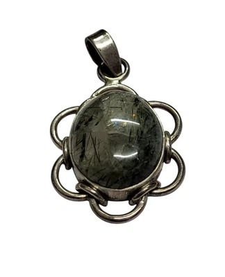 Grigio Naturale Rutilato Quarzo Pietra Ovale Ciondolo Argento 925 8.94 Grammi - Immagine 1 di 4