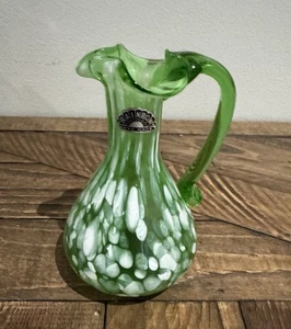 Vintage Regenbogen grün mundgeblasen Glas weiß Spritzgeschirr gesprenkelt Krug 5" - Bild 1 von 11