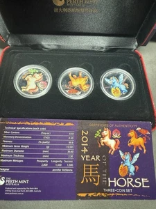 2014 Tuvalu Perth Mint Year of the Horse "Prosperity" Silver 3-Coin Set 999 1/2 - Picture 1 of 10