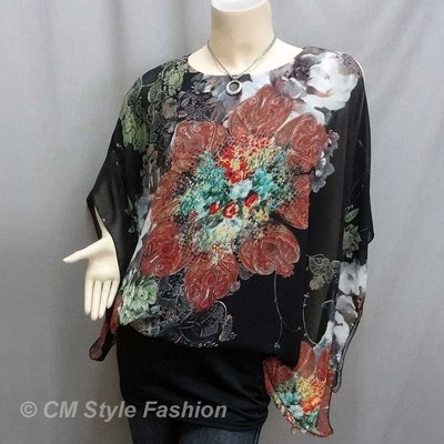 Top túnica fluido de gasa abstracto estampado floral doble capa negro S Foto 1 de 4