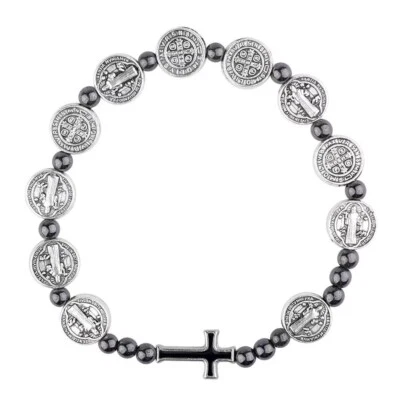 Catholic Town St Benedict stretch bracelet Hematite beads & cross ( CTBSBB-BLK ) - Image 1 of 4