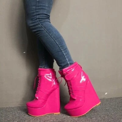 Mujeres Botines Zapatos de salón con cordones Charol británico Zapatos de cuña Tacones altos  Foto 1 de 4