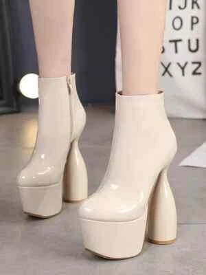 Bottines Beige Talon 16 CM Confortable Cuir Synthetique CZ355 - Photo 1/4