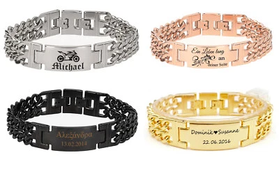 ID Edelstahl Armband mit Gravur nach Wunsch Doppelpanzerarmband massiv, 4 Farben - Bild 1 von 4