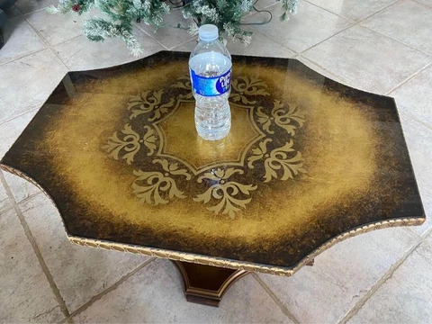 French glass top hand Painted Gilt Coffee Tables w/ Intricate Floral Gilt Cover