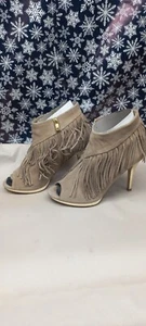 Libby Edelman Bellamy Suede Fringe Tassel Pumps Open Toe Gold Metallic Stiletto - Picture 1 of 17