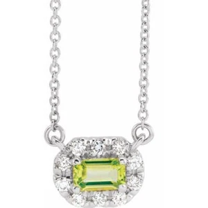 14K White 5x3 mm Natural Peridot & 1/8 CTW Diamond Halo-Style 18" Necklace - Picture 1 of 2