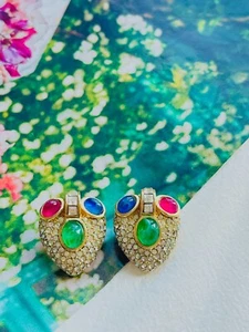 Christian Dior GROSSE 1960 Gripoix Ruby Sapphire Emerald Heart Crystal Earrings - Picture 1 of 13