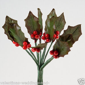 Christmas Miniature Holly Leaves & Berries Stems Favour Cake Decoration Craft