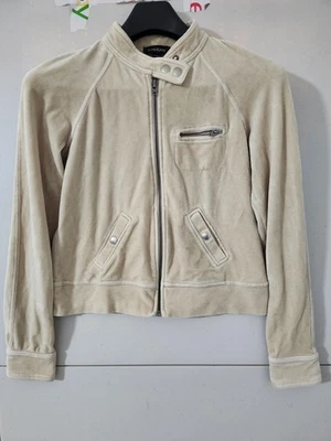 Jaqueta Bebe Feminina L Bege Moto Crop Zip Veludo Mistura de Algodão Bolso Y2K VTG EUA - Imagem 1 de 4