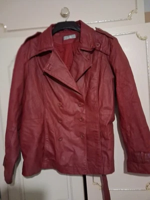 Wallis Deep Red Leather Trench Jacket With Belt Size 20 - Image 1 of 4