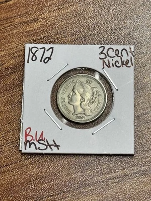 1872 Three 3 Cent Nickel Nice BU Uncirculated MS++ U.S. 3c Type Coin (Raw18277) - Image 1 of 2