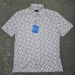 Bugatchi Shirt Mens XL Navy Blue White Floral Print Short Sleeve 8 Way Stretch - Picture 1 of 9