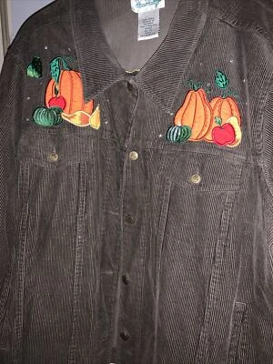 Quacker Factory Brown Corduroy Cornucopia Jacket Size 2X Sunflowers Pumpkins - Image 1 of 4