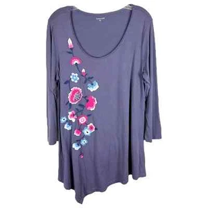 Garnet Hill Large Top Blue Embroidered Floral Pink Tunic Handkerchief Hem 1550 - Picture 1 of 10